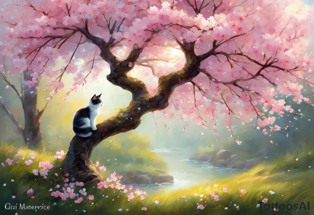 Generate a design where a graceful pink cherry blossom tree extends vertically, occupying the full height of 15cm, with delicate blossoms scattered along its slender branches coloured with a watercolor effect. Nestled among the branches, a small, playful kitten is perched, gazing curiously outward. The kitten's fur can have intricate details, highlighting its softness and playfulness. Surrounding the kitten and the tree, some petals could be gently falling, adding a dynamic and serene feel to the design. This vertical composition would elegantly fit your biceps, creating a charming and feminine piece of art. tattoo idea