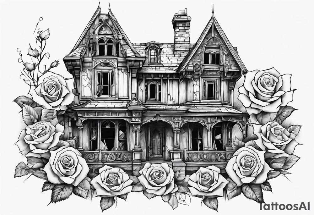 old broken gothic home, broken sword, roses tattoo idea