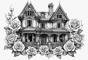 old broken gothic home, broken sword, roses tattoo idea