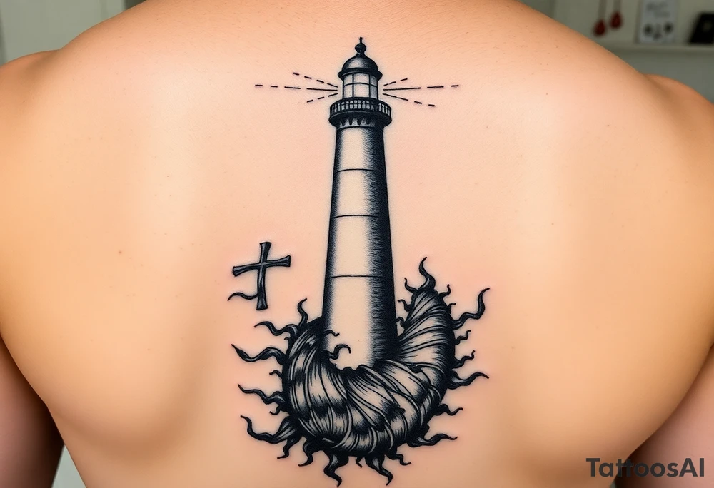 In the center: A steady lighthouse, its light burning, radiating outward.

From the base of the lighthouse: a fractal spiral that extends and transforms—it begins chaotic, dark, with tangled lines, and opens into more harmonious patterns toward the edges.

The background: a mix of storm, waves, and energetic lines, but without obscuring the lighthouse or the spiral—instead, they embrace them, as if they were part of the transformation. tattoo idea