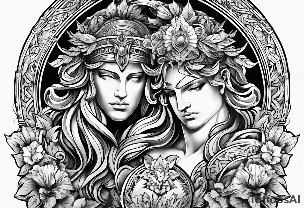 Greek or Roman mythology half sleeve  add some background and other things to make the person full height add background details men god tattoo idea