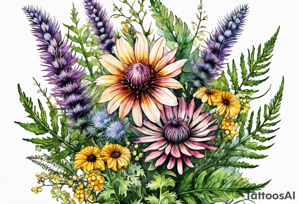 small vertical mixed wildflower bouquet with ferns, thistle and with watercolor tattoo idea