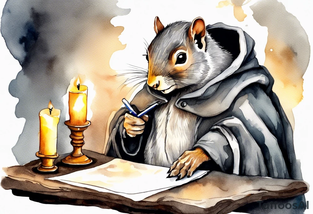 an elderly grey squirrel with a beard dressed in a grey cloak sitting in the dark writing a letter by candlelight tattoo idea
