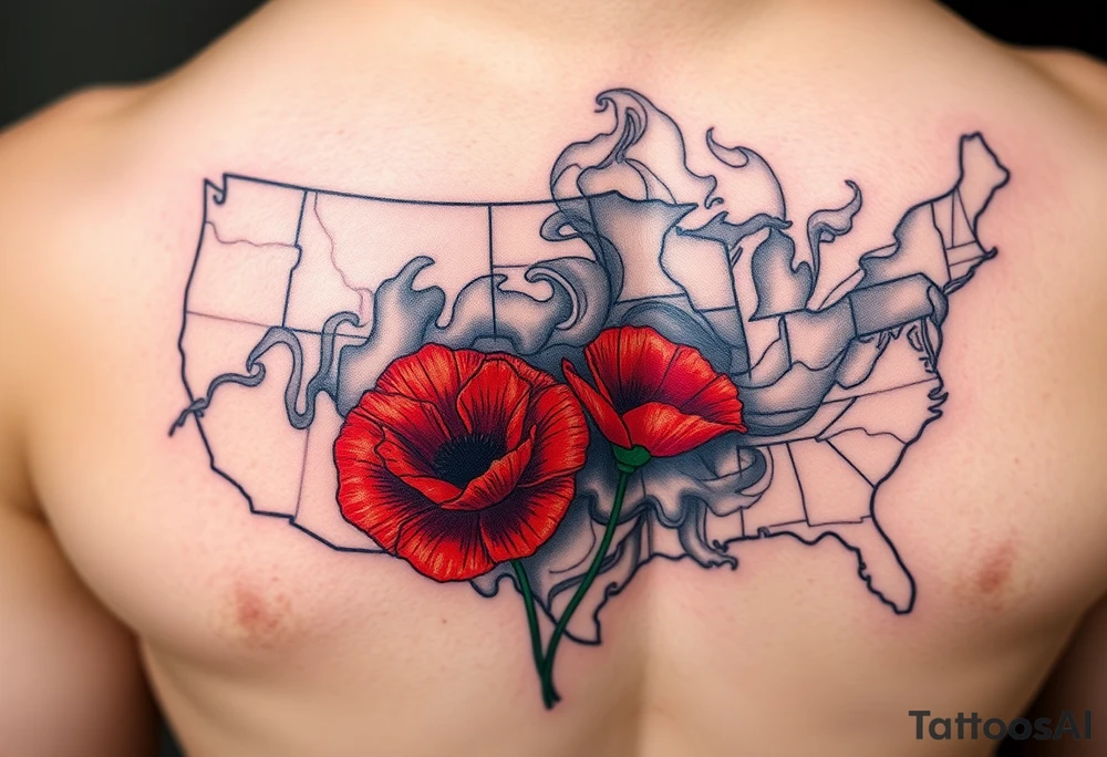 2 poppy’s growing out of the smoke with 11B in the background and layer this over a map of the USA tattoo idea