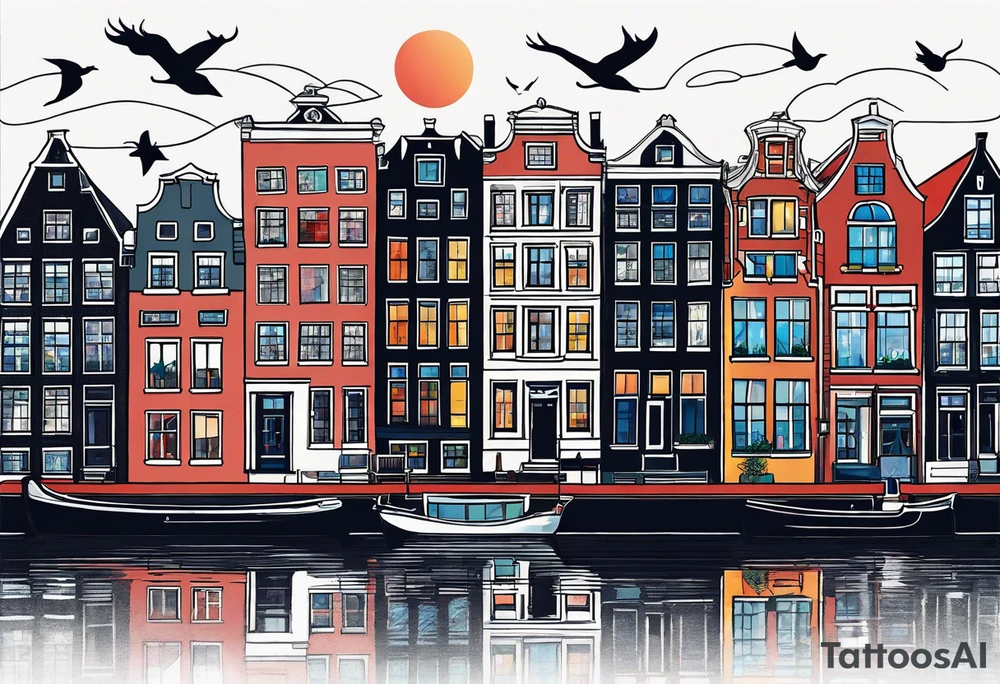 arm tattoo of stag deer and birds in Amsterdam canal featuring Amsterdam houses in space with pineapple at the bottom tattoo idea
