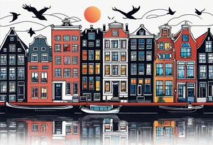 arm tattoo of stag deer and birds in Amsterdam canal featuring Amsterdam houses in space with pineapple at the bottom tattoo idea