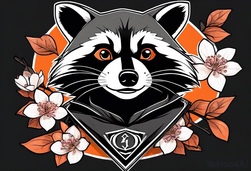 Raccoon wearing a white Superman logo on a black hoodie and orange Japanese cherry blossoms beside tattoo idea