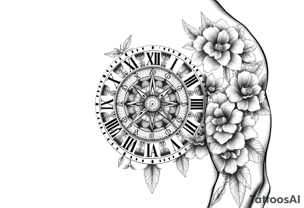 vintage roman numerals within ornate clockwork mechanism, with name spaces, flowers tattoo idea