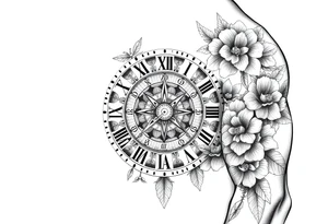 vintage roman numerals within ornate clockwork mechanism, with name spaces, flowers tattoo idea