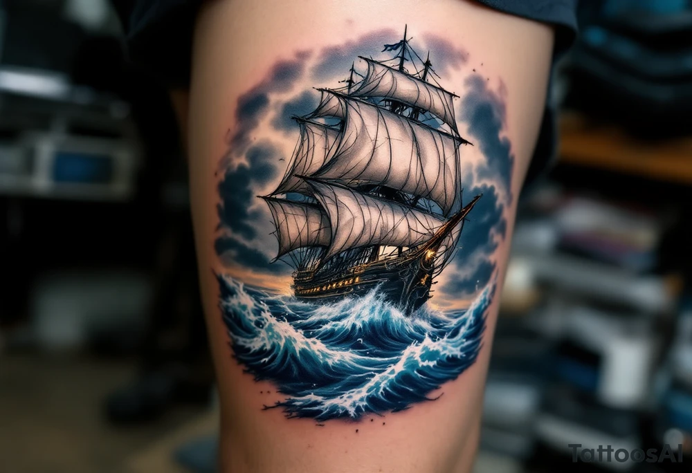 A majestic pirate ship, the Black Pearl, sailing through turbulent waves under a dark stormy sky. The sails are tattered, and the ship's outline is detailed in black ink with hints of deep navy blue and stormy gray waves crashing around. Deep navy blue, stormy gray, black, soft hints of golden accents on the ship’s details. tattoo idea
