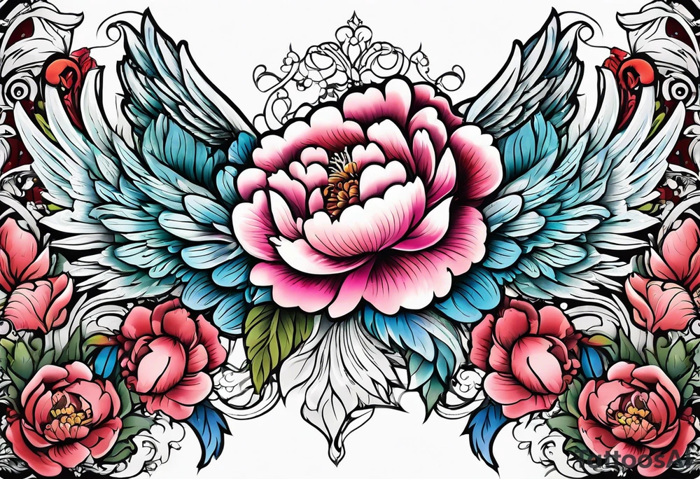 beautiful angel wings with colorful, peonies. beautiful flilligree in the background , full color, traditional old school , white background tattoo idea