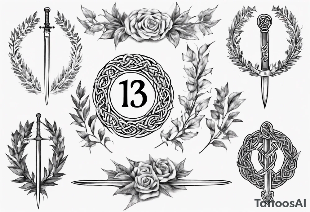 The number 13 in the middle of a laurel leaf wreath, Celtic sword and amor fati. tattoo idea