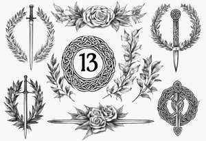 The number 13 in the middle of a laurel leaf wreath, Celtic sword and amor fati. tattoo idea