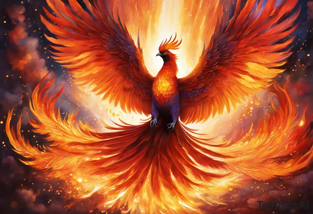 A magnificent phoenix ascends from a bed of glowing embers, its wings spread wide with fiery feathers that shift in hues of red, orange, and gold. The bird's body is sleek and shimmering, radiating an ethereal glow. Trails of sparkling ash and smoke swirl around it, blending into the dark sky, illuminated by the intense flames. Its eyes burn with an intense golden light, and its claws are sharp and glinting, gripping the remains of charred branches. The background is a dramatic interplay of dark clouds, glowing sparks, and a vibrant sunrise on the horizon, symbolizing rebirth and renewal. tattoo idea