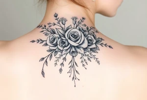 vintage bouquet of wild roses and meadow flowers with morning dew tattoo idea