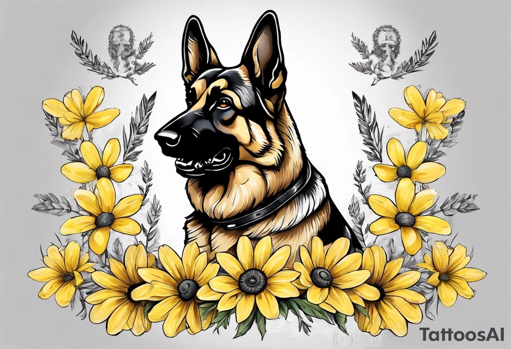 German shepherd portrait surrounded by yellow daisies tattoo idea