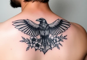 A raven with outstretched wings, surrounded by flowers tattoo idea