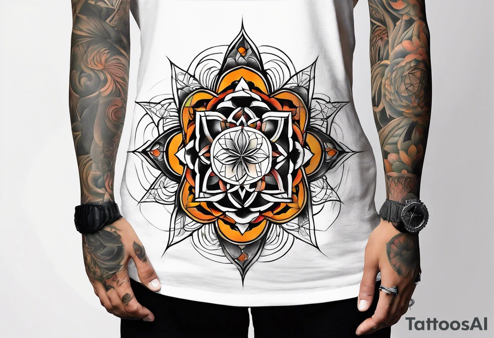 front knee tattoo with sacred geometry, swirls & washes, background and in fall colors tattoo idea