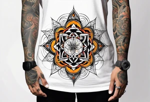 front knee tattoo with sacred geometry, swirls & washes, background and in fall colors tattoo idea