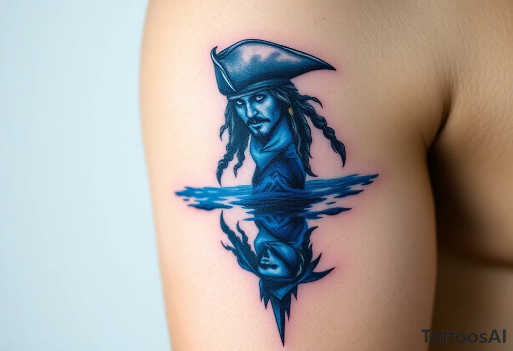 Jack Sparrow’s ghostly reflection in the ocean, done in eerie blue tones, symbolizing his dance with death and destiny tattoo idea