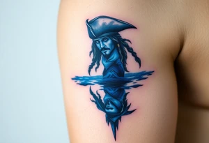 Jack Sparrow’s ghostly reflection in the ocean, done in eerie blue tones, symbolizing his dance with death and destiny tattoo idea