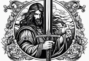 Almighty Jesus used his sword cutting off the serpent head off tattoo idea