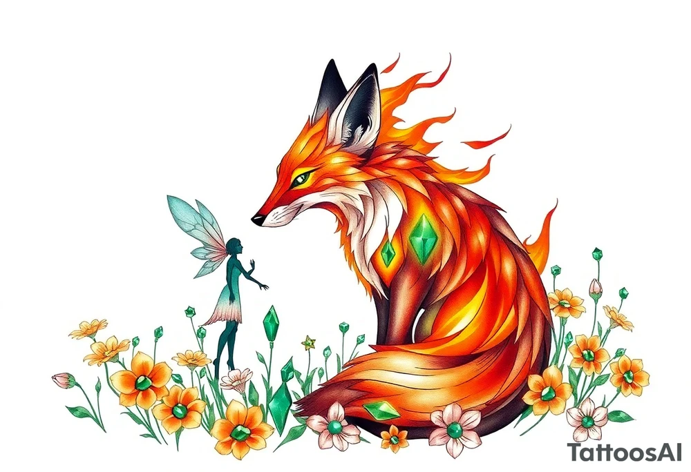 Fox made of fire with a fairy standing close to it  in a field of lillys and emerald jem stones tattoo idea