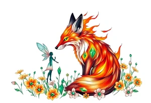Fox made of fire with a fairy standing close to it  in a field of lillys and emerald jem stones tattoo idea