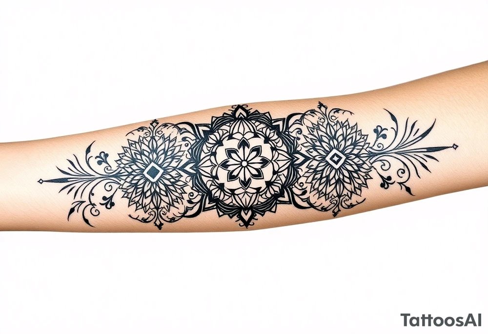 5 Geometric floral circles connected to reflect family unity. Two base elements for my husband and I, intertwined floral patterns like mirrored vines or spiral paisleys representing our identical twins, and a Gemini zodiac sign for my son. Use feminine-yet-bold linework and Interconnected elements tattoo idea