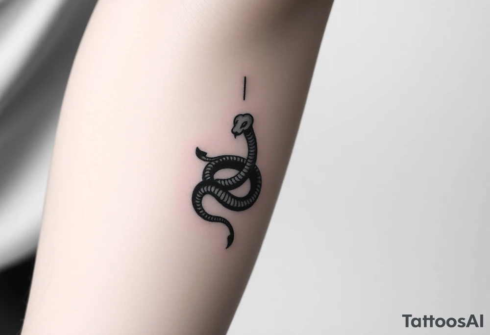 Minimalist black ink tattoo design of a small snake coiled around the number 777. tattoo idea