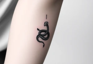 Minimalist black ink tattoo design of a small snake coiled around the number 777. tattoo idea