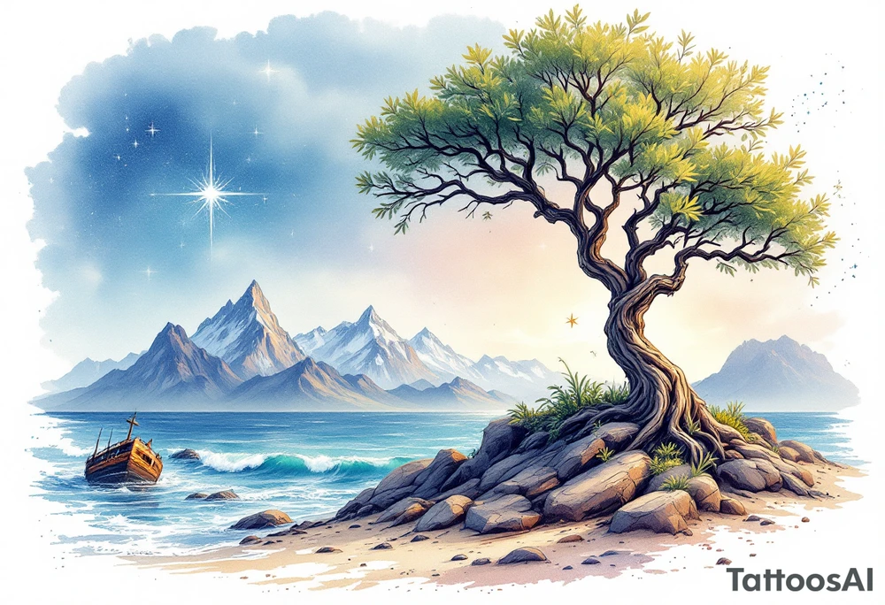 tattoo that has an acacia tree with mountains, ocean with a ship wreck and the northern star tattoo idea