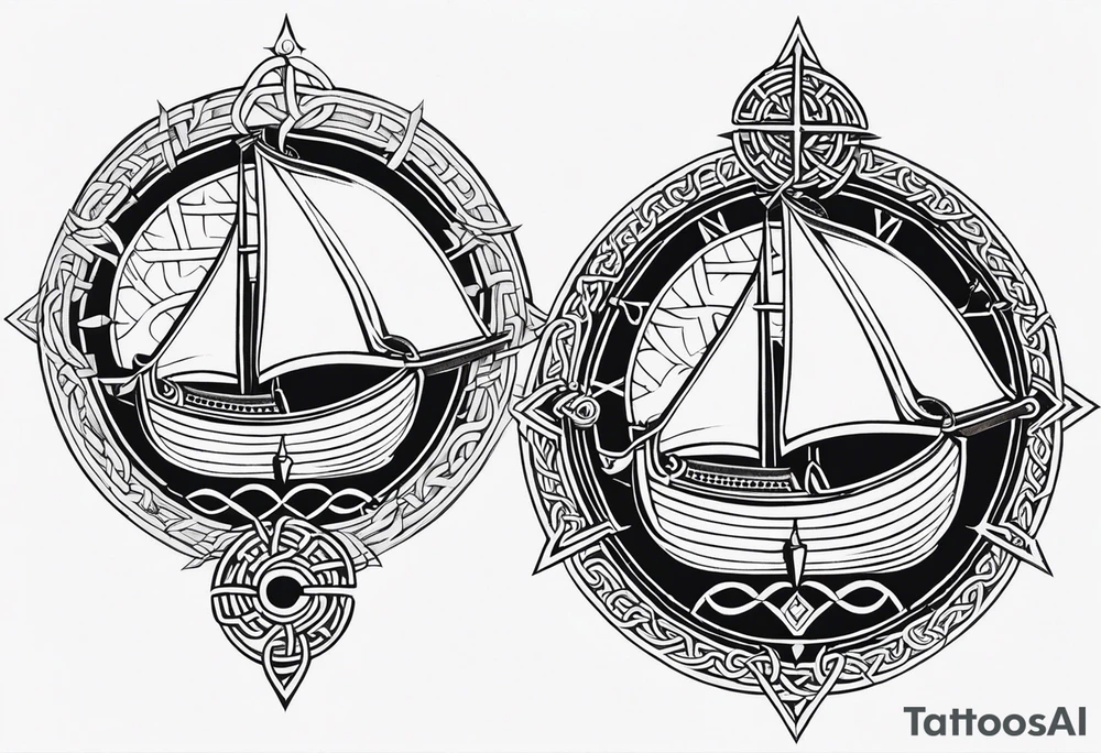 Viking longship, celtic rune compass, Yggdrasil, shoulder placement tattoo idea