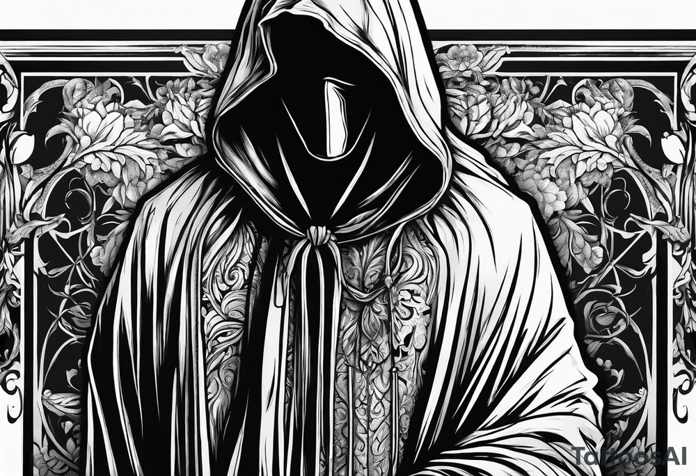 Hooded figure with no face carrying staff and wearing a long tattered cloak tattoo idea