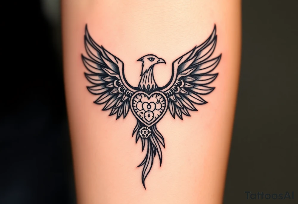 A stylized phoenix rising with feathers composed of intricate clock gears and mechanical parts. The chest reveals a glowing clockwork heart symbolizing emotional depth, love, and resilience amidst anxiety. The design combines fine line and dotwork detailing on the mechanical elements with bold, clean lines for the phoenix silhouette. Minimal shading emphasizes contrast and highlights the glowing heart. tattoo idea