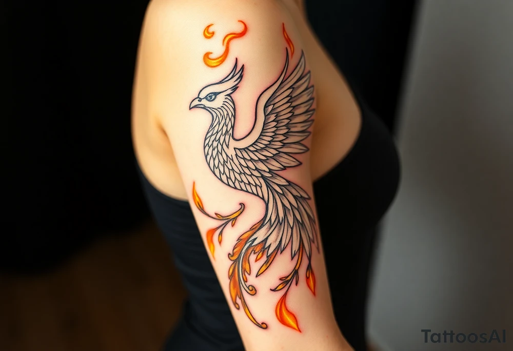 magnificent phoenix rising from golden flames with trailing embers tattoo idea