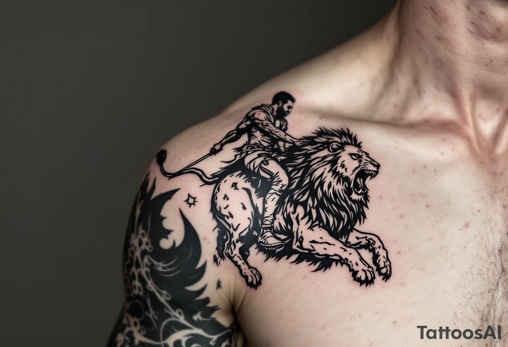 Black man riding on top of lion into battle tattoo idea