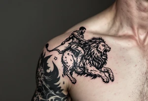 Black man riding on top of lion into battle tattoo idea