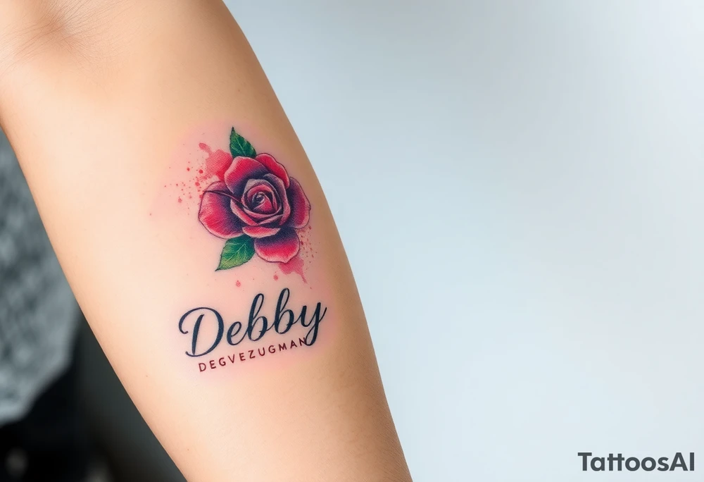 A tattoo on the forearm with the name Debby Deguzman with a humming bird and a rose tattoo idea