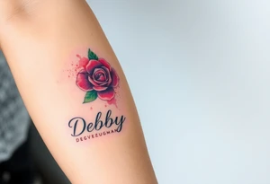 A tattoo on the forearm with the name Debby Deguzman with a humming bird and a rose tattoo idea