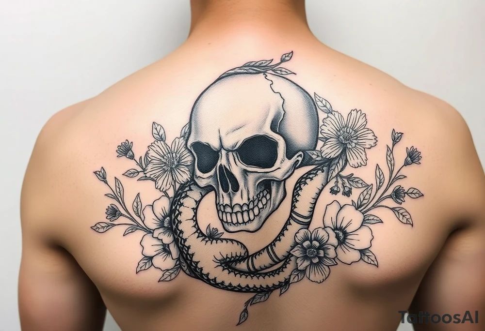 Feminine skull with snake wrapped around and surrounded by wildflowers and hearts in heavy black work neo traditional style tattoo idea