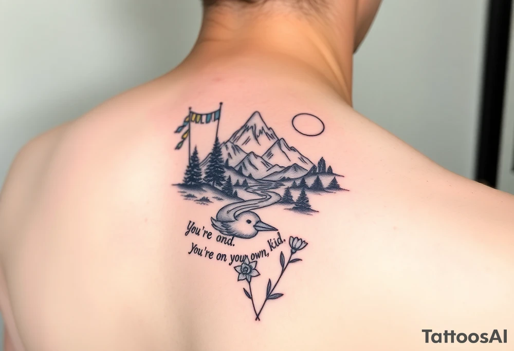 upper arm tattoo with buddhist prayer flags, mountain, river, "you're on your own, kid", little blue bird, daffodil, and full moon tattoo idea