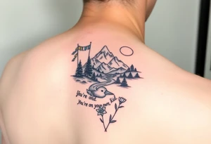 upper arm tattoo with buddhist prayer flags, mountain, river, "you're on your own, kid", little blue bird, daffodil, and full moon tattoo idea