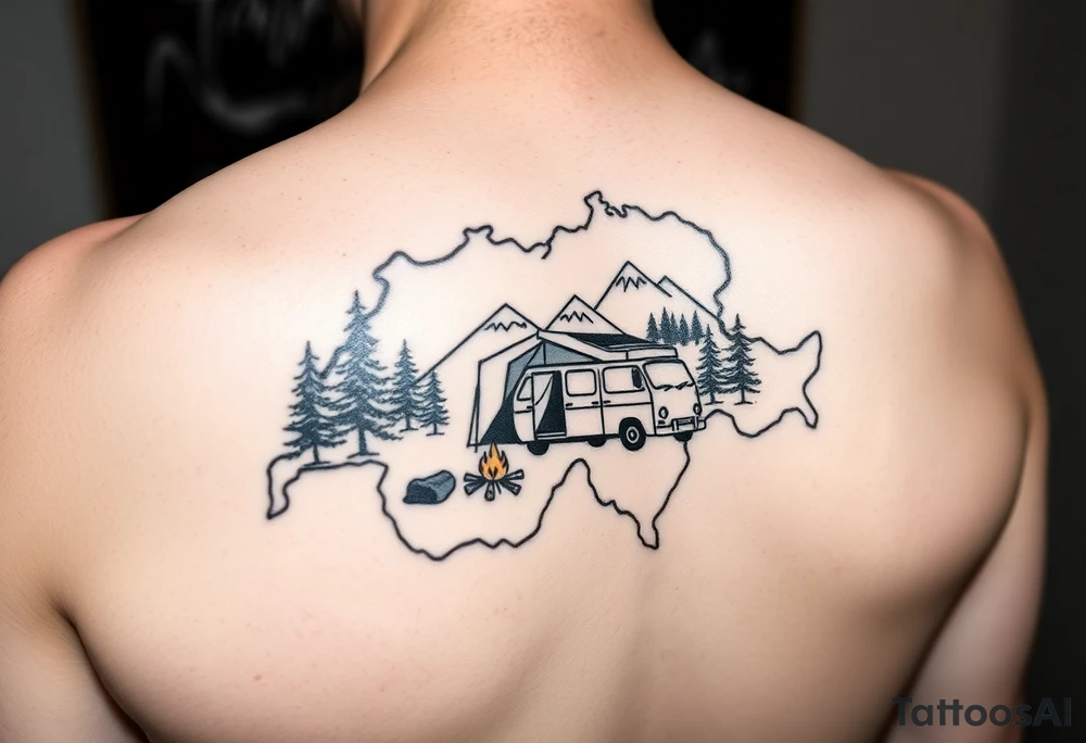 Simplistic, black and white tattoo, the whole tattoo must be inside the contour of the Switzerland map. A little camping tent, a VW Caddy on the side, a little fire, in the woods, surrounded by alps and a couple pine trees. tattoo idea