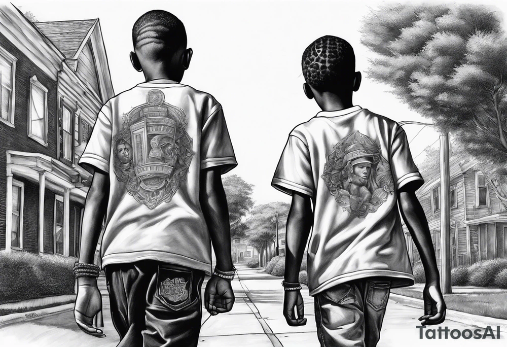 three black school age brothers walking away together down a street full bodies and you can see the side of one of their faces tattoo idea