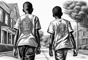 three black school age brothers walking away together down a street full bodies and you can see the side of one of their faces tattoo idea
