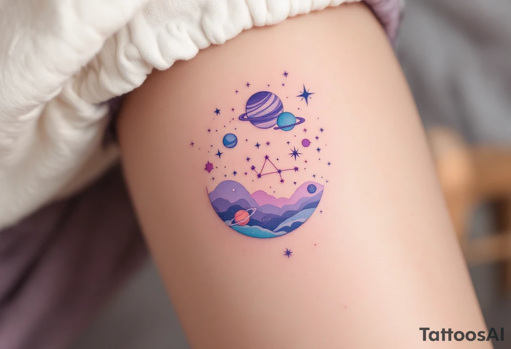A dreamy cosmic scene on the thigh with Sagittarius stars constellation surrounded by planets in soft pastel purples and pinks. tattoo idea