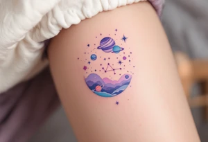 A dreamy cosmic scene on the thigh with Sagittarius stars constellation surrounded by planets in soft pastel purples and pinks. tattoo idea