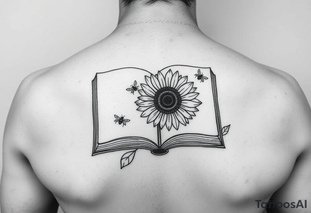 An open book with a sunflower and bees as one page tattoo idea