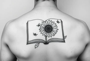 An open book with a sunflower and bees as one page tattoo idea